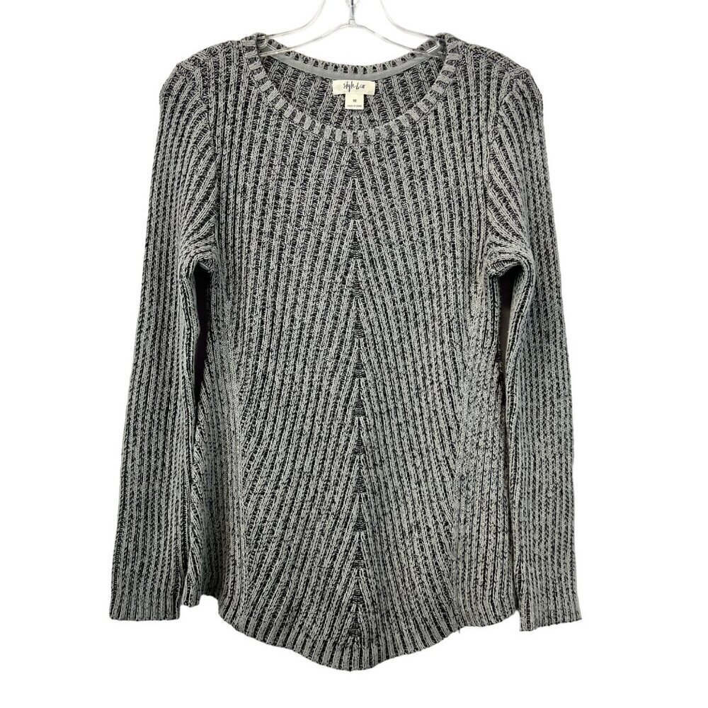 Style & Co Women’s Round Neck Pullover Knit Sweater Long Sleeve Gray/Black M